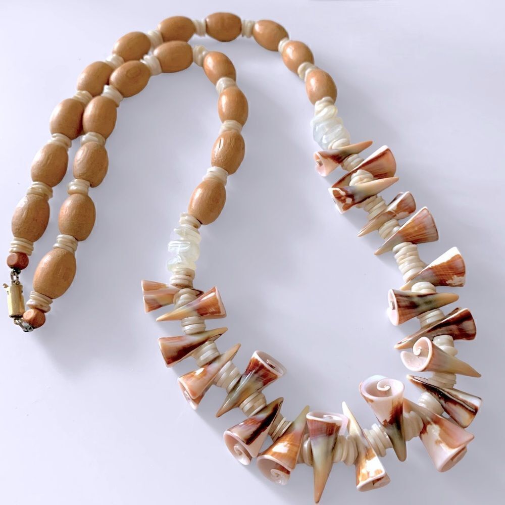 Vintage Shell Cone Wooden Bead Necklace